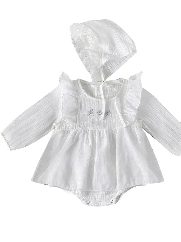 Baby Girl Romper Hat Set Flower Embroidery Party Skirt  Ruffled Detachable Hat   String Long Sleeve