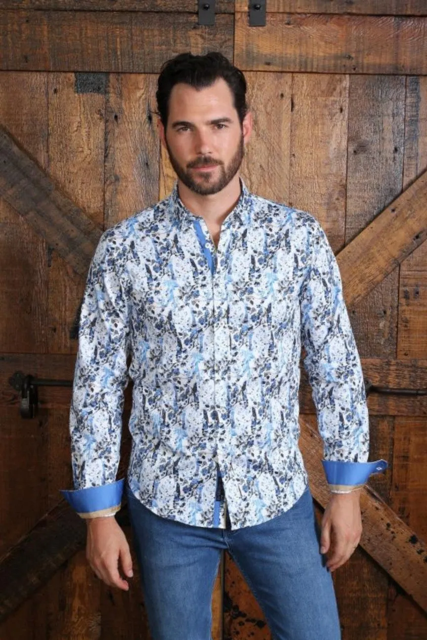 Blue Flower Button Down Shirt W/ Trim