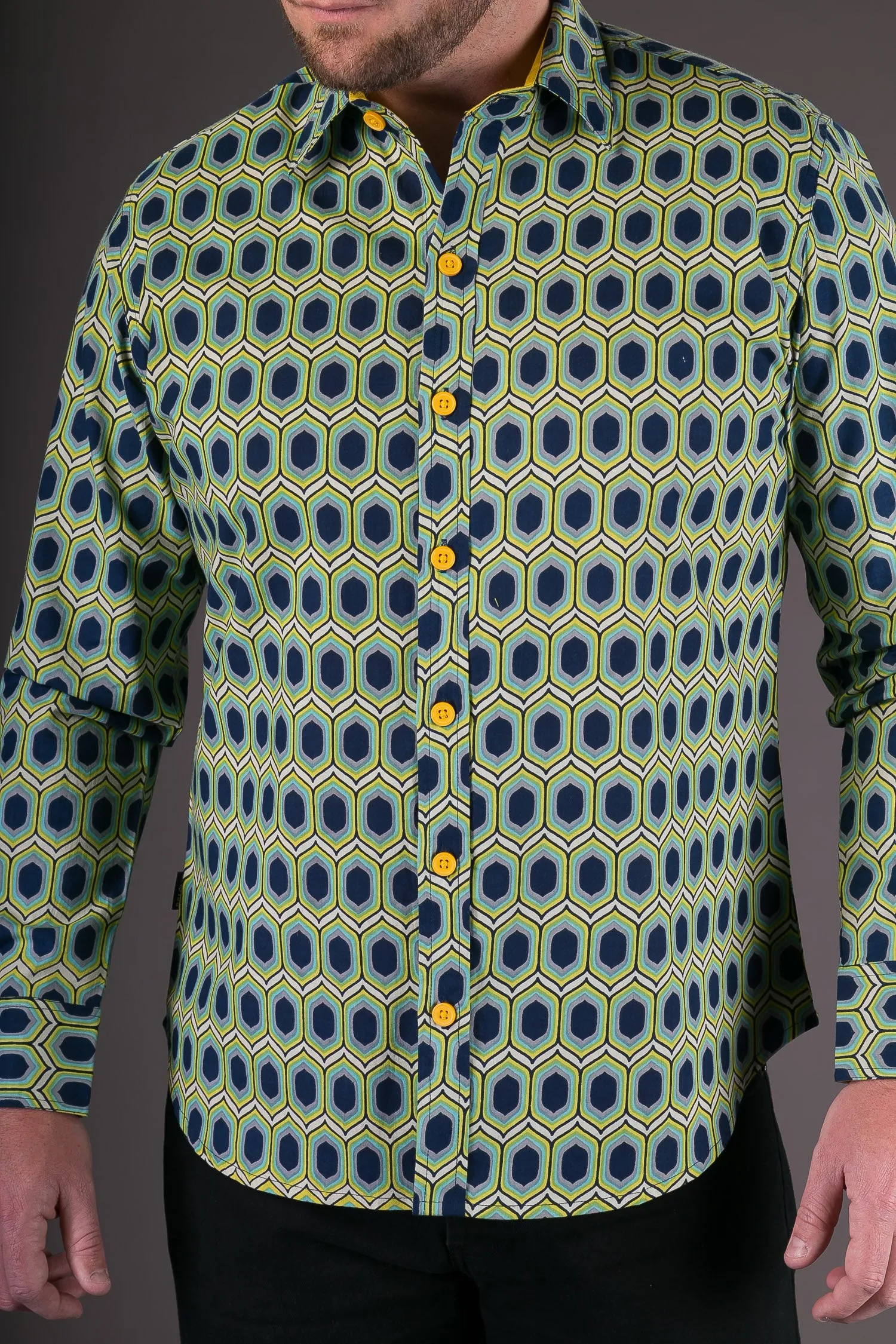 Blue Yellow Green Geometric Print Cotton Slim and Regular Fit Mens Shirt Long Sleeve