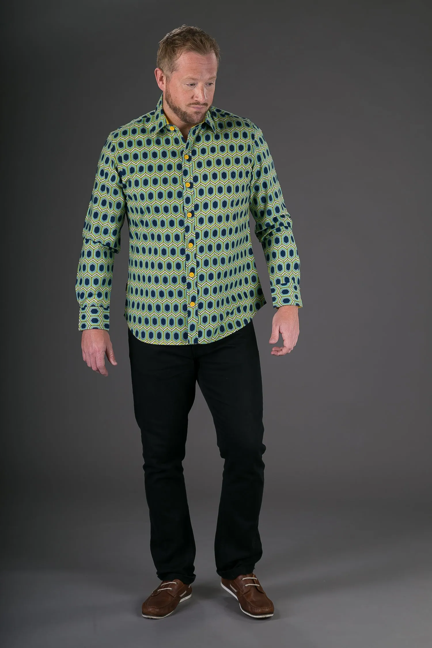 Blue Yellow Green Geometric Print Cotton Slim and Regular Fit Mens Shirt Long Sleeve