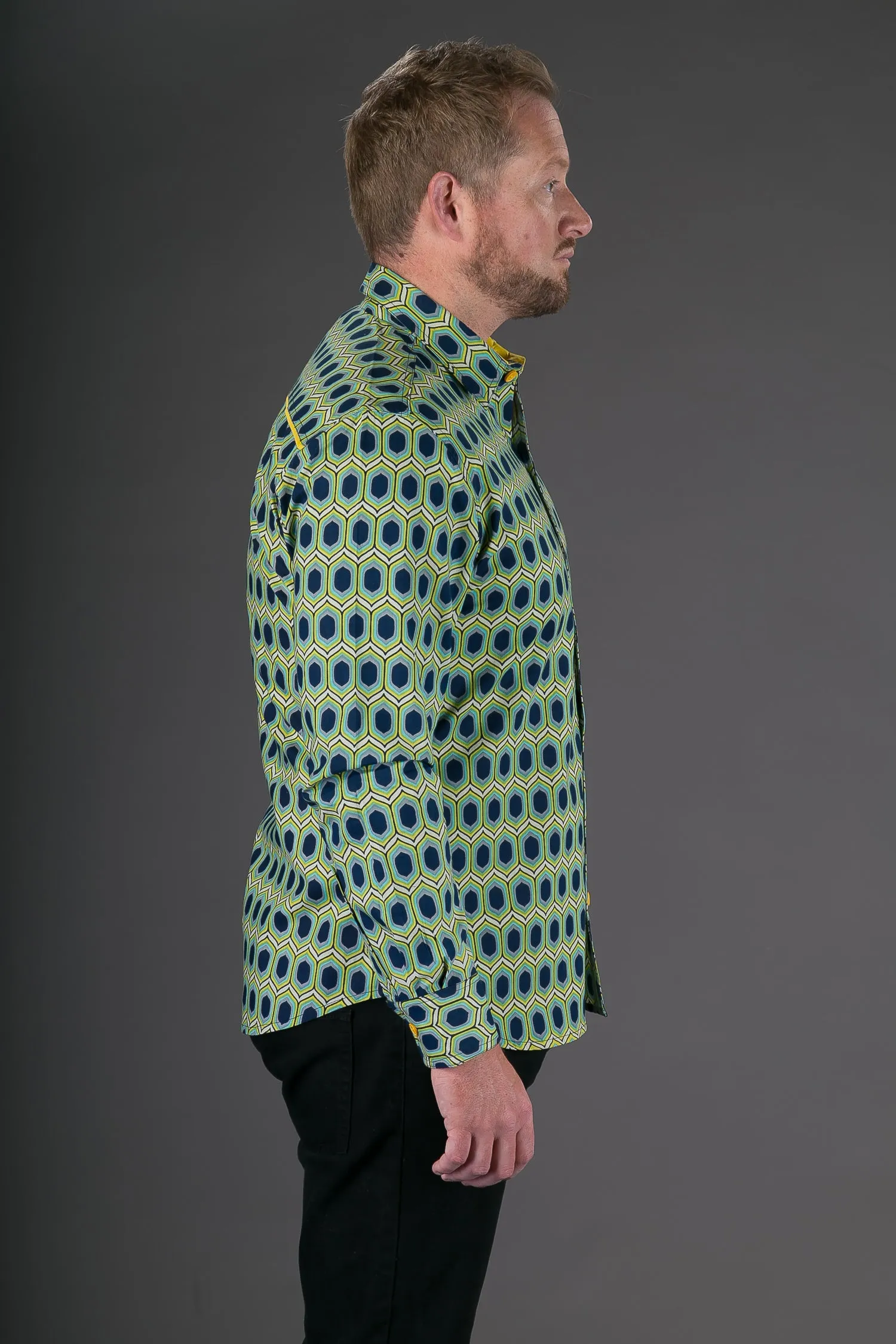 Blue Yellow Green Geometric Print Cotton Slim and Regular Fit Mens Shirt Long Sleeve