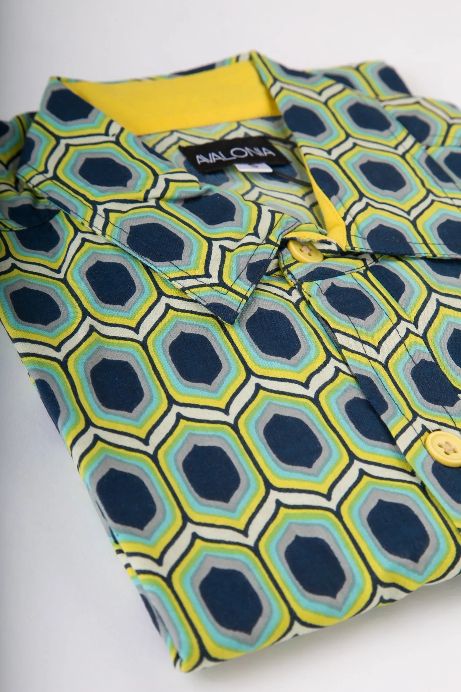 Blue Yellow Green Geometric Print Cotton Slim and Regular Fit Mens Shirt Long Sleeve