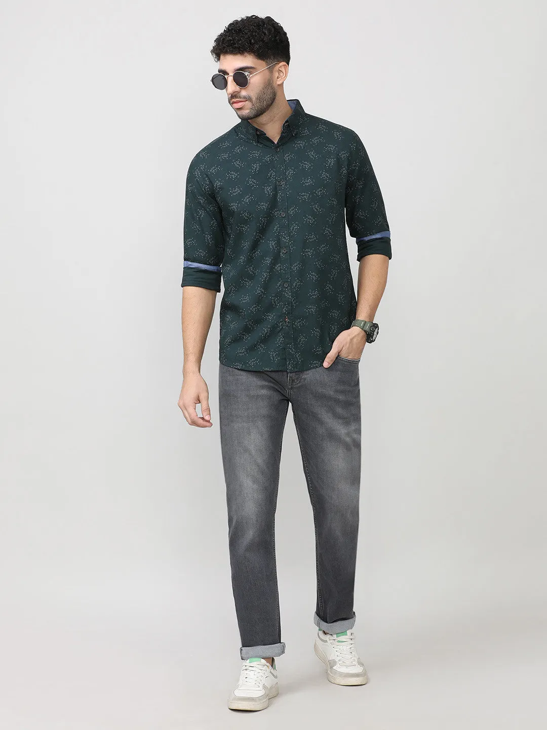 Bottle Green Oxford Printed Shirt With Button Down Collar