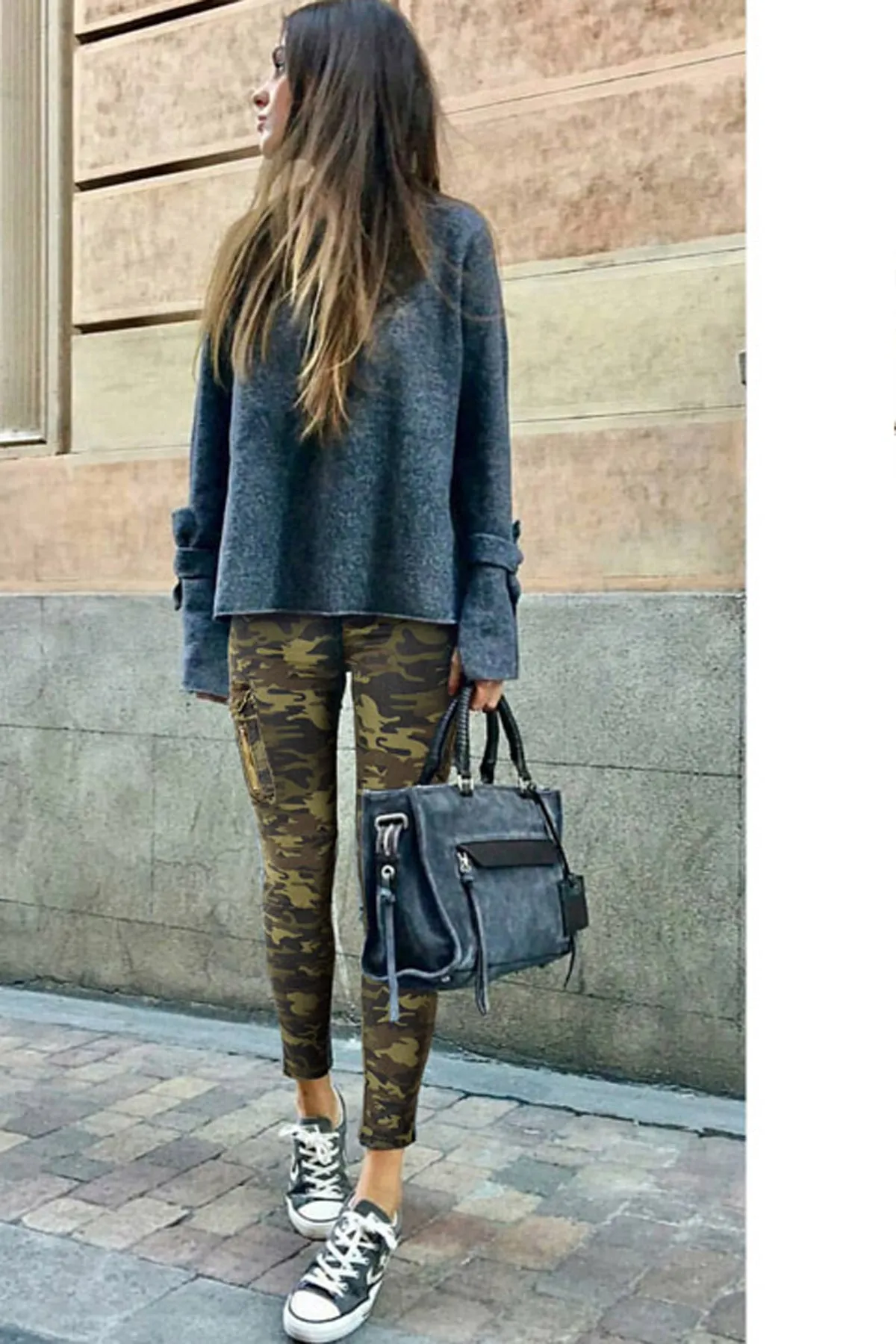 Camouflage Pockets Middle Waist Long Skinny Pants