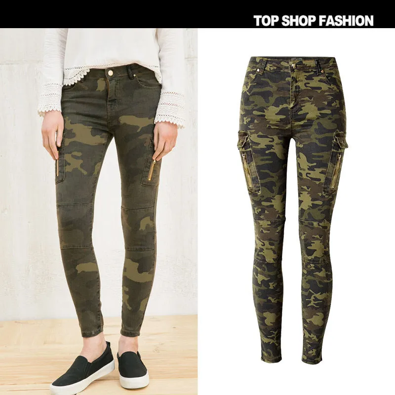 Camouflage Pockets Middle Waist Long Skinny Pants