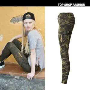 Camouflage Pockets Middle Waist Long Skinny Pants