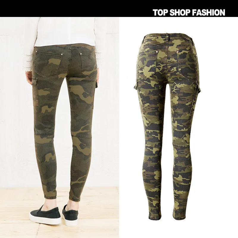 Camouflage Pockets Middle Waist Long Skinny Pants