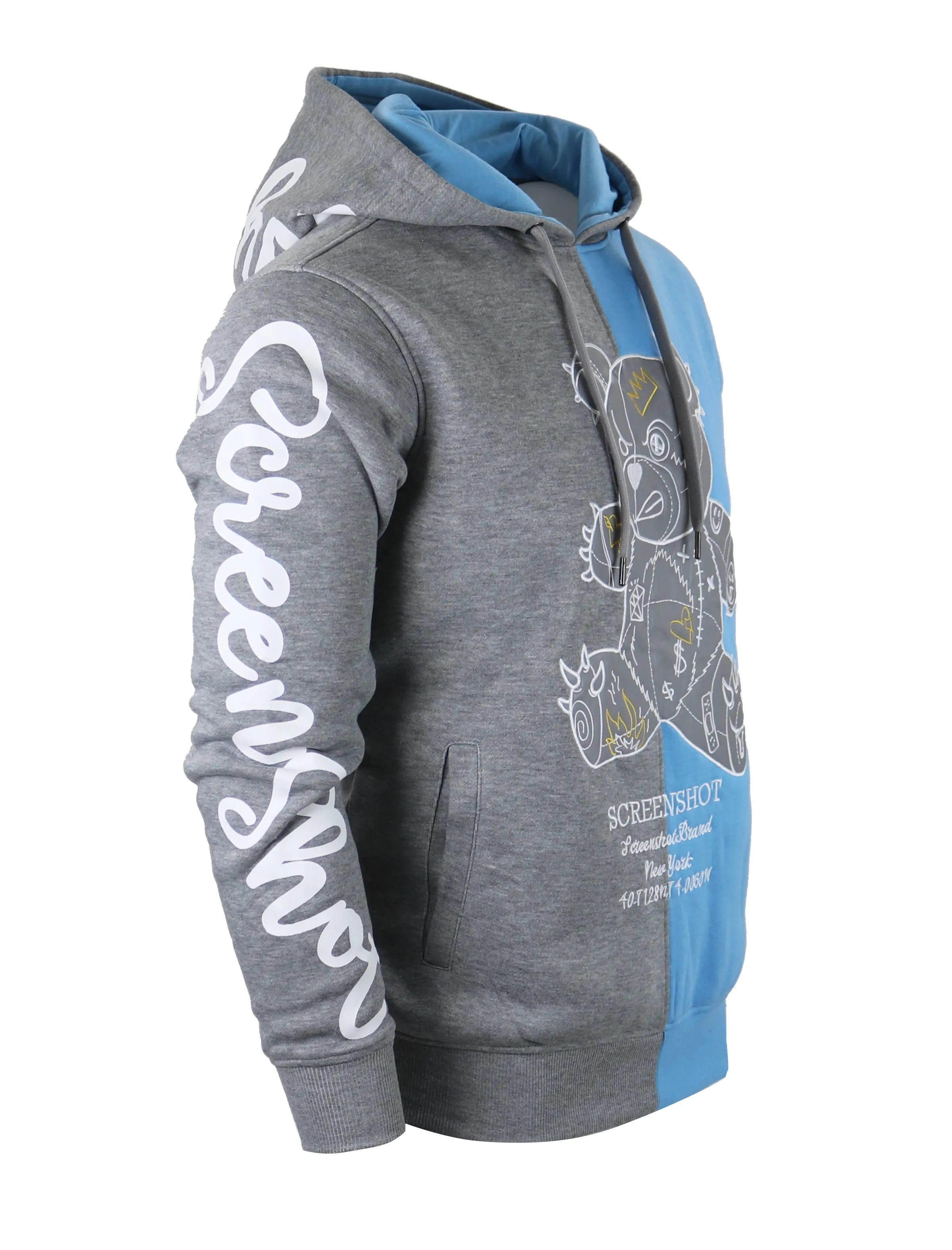 COLOR BLOCK BEAR FLEECE HOODIE-H1113 (H.GREY/S.BLUE)