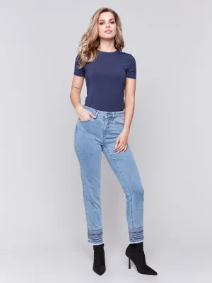 Embroidered Hem Jeans - Light Blue