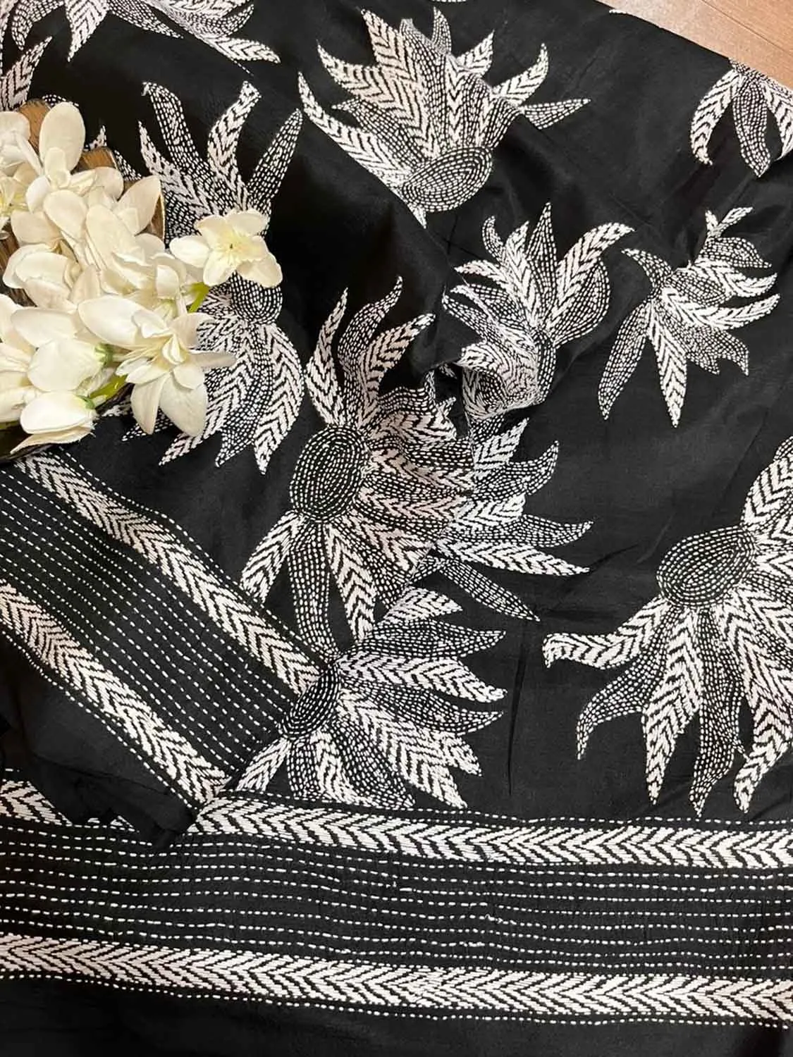 Exquisite Black Kantha Embroidered Bangalore Silk Saree