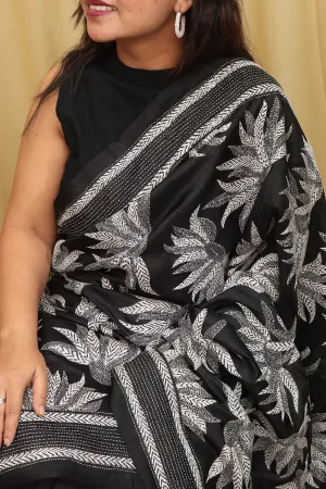 Exquisite Black Kantha Embroidered Bangalore Silk Saree