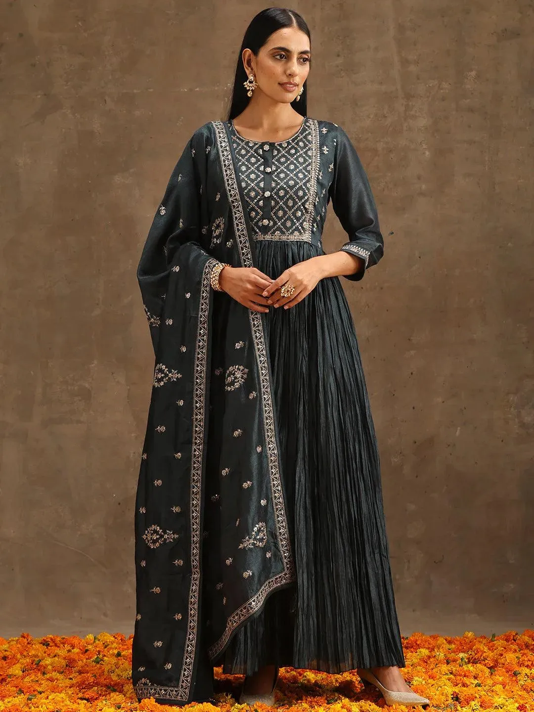 Grey Yoke Design Silk Blend Anarkali Kurta With Trousers & Dupatta