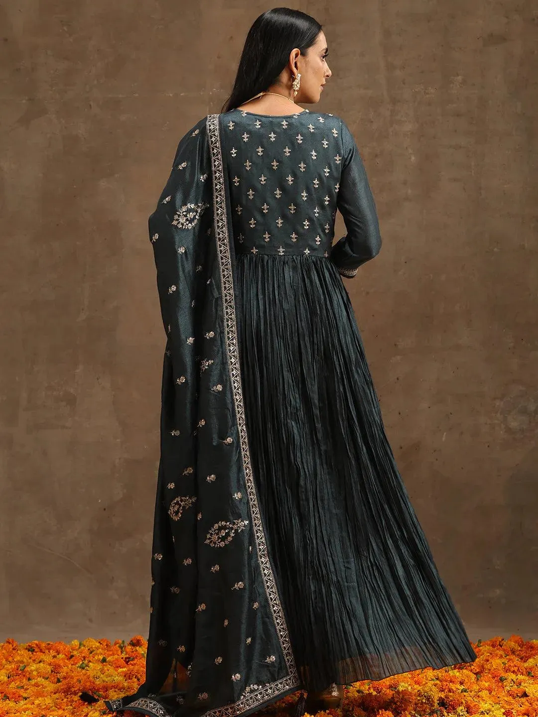 Grey Yoke Design Silk Blend Anarkali Kurta With Trousers & Dupatta