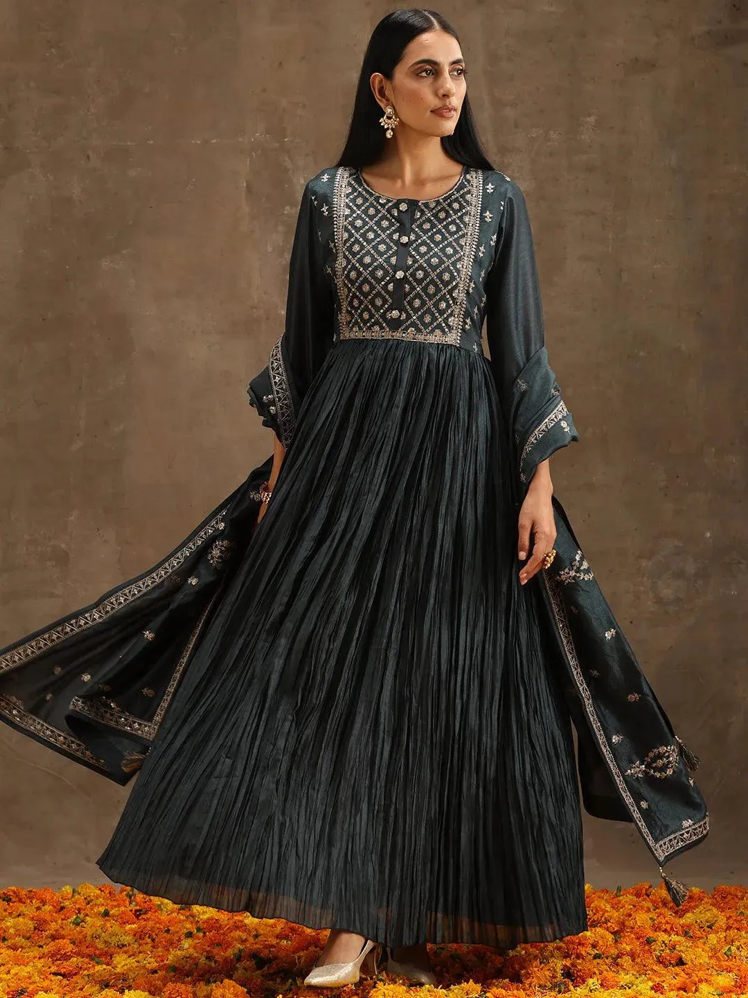 Grey Yoke Design Silk Blend Anarkali Kurta With Trousers & Dupatta