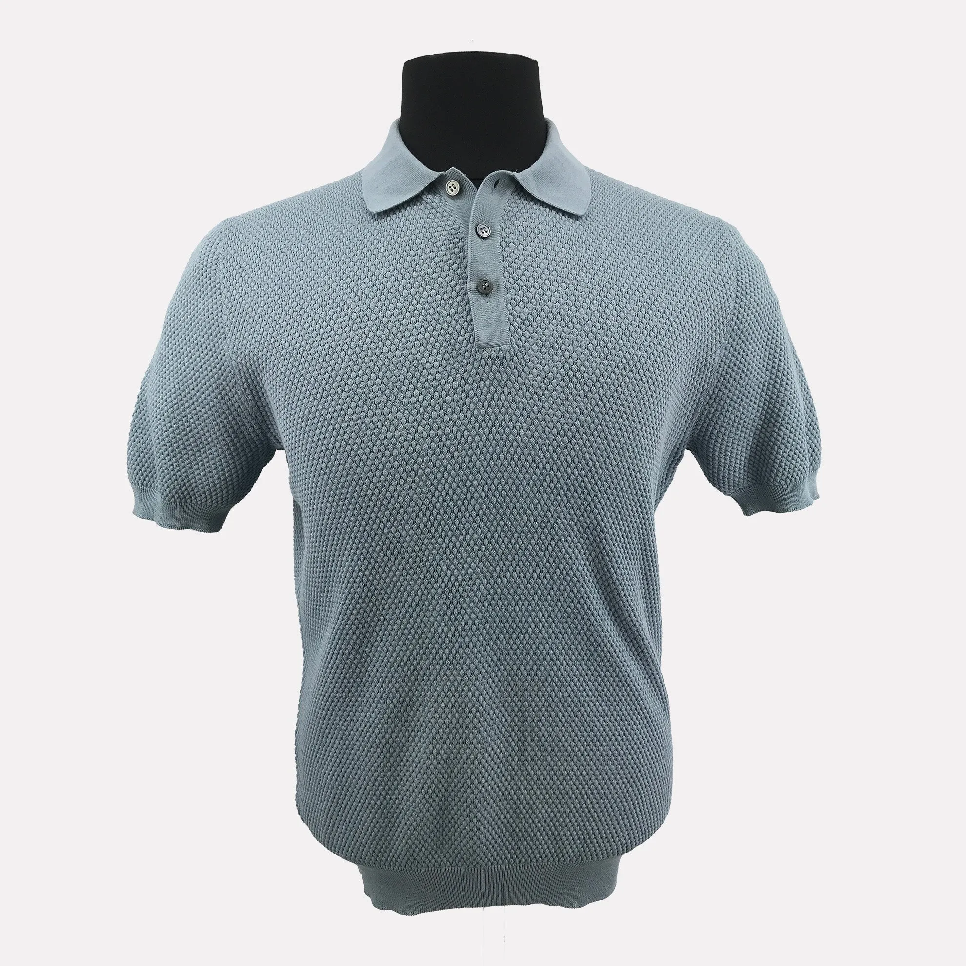 Italian Made Pebble Weave Cotton Short Sleeve Polo / Dusty Blue