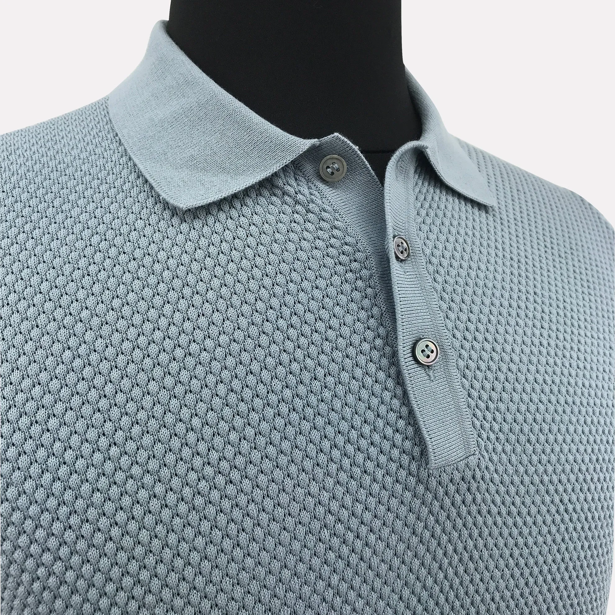 Italian Made Pebble Weave Cotton Short Sleeve Polo / Dusty Blue