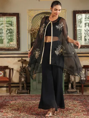 Janasya Black Georgette Zari Embroidered Set