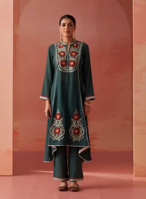 Karima Green Embroidered Viscose Kurta Set for Women