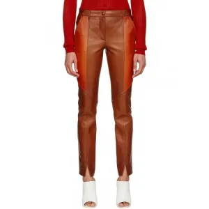 Ladies Slim Fit Panelled Lambskin Orange Leather Pants