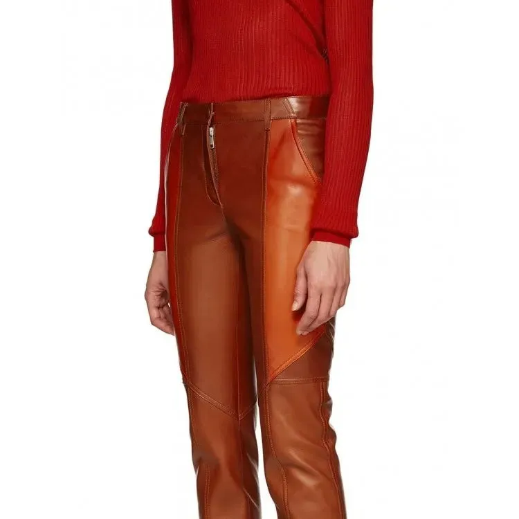 Ladies Slim Fit Panelled Lambskin Orange Leather Pants