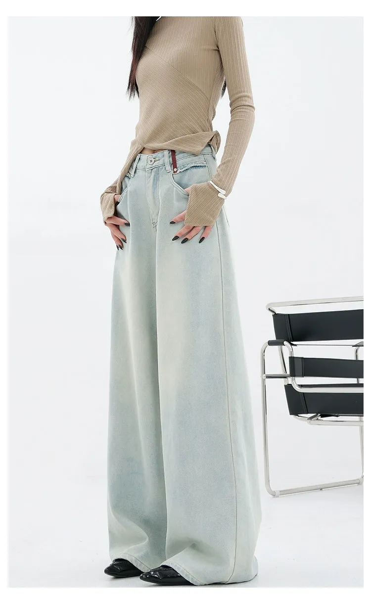 Light Blue Loose Straight Wide-Leg Denim Pants With Embroidery Design