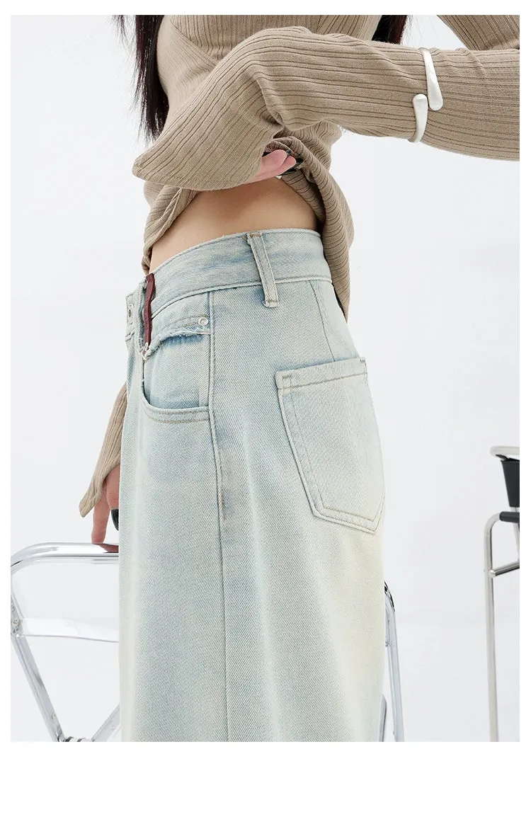 Light Blue Loose Straight Wide-Leg Denim Pants With Embroidery Design