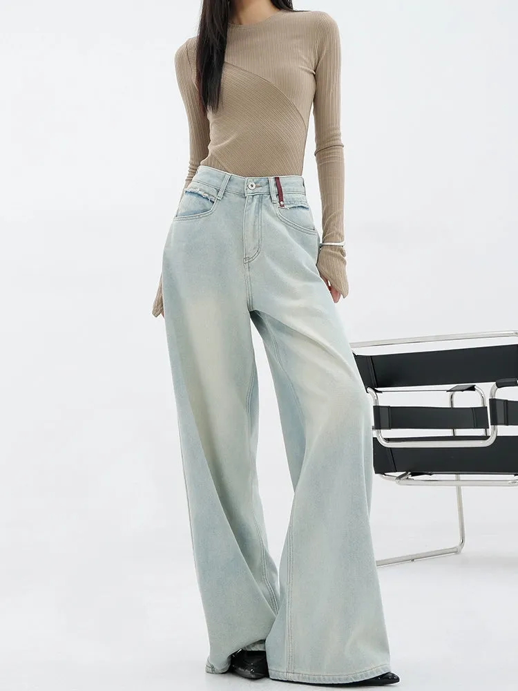 Light Blue Loose Straight Wide-Leg Denim Pants With Embroidery Design