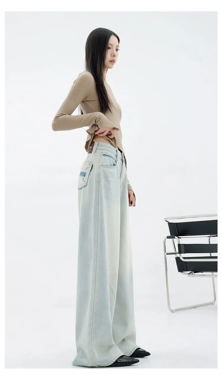 Light Blue Loose Straight Wide-Leg Denim Pants With Embroidery Design