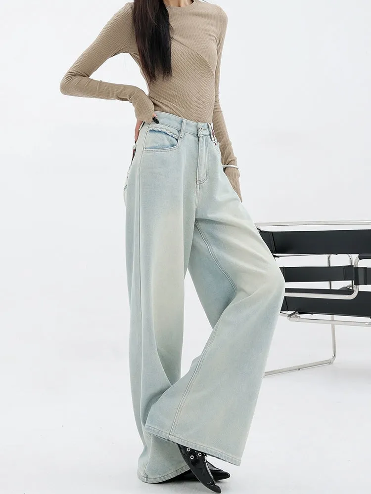 Light Blue Loose Straight Wide-Leg Denim Pants With Embroidery Design