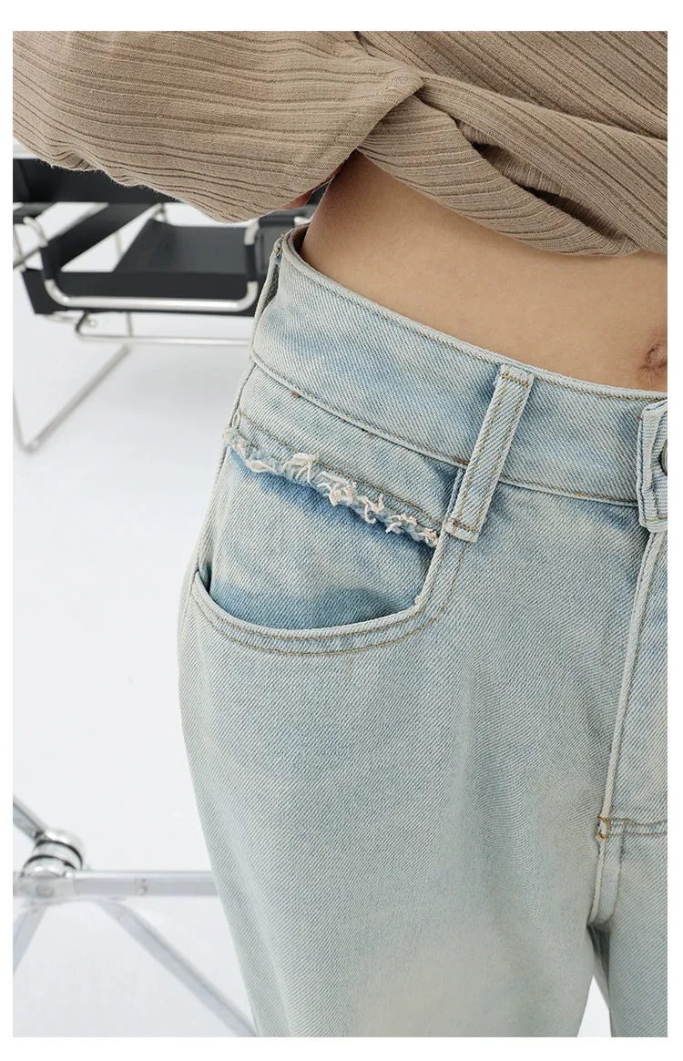 Light Blue Loose Straight Wide-Leg Denim Pants With Embroidery Design