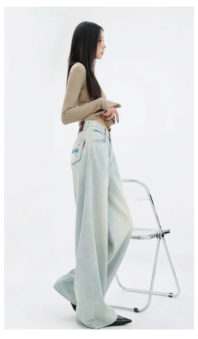 Light Blue Loose Straight Wide-Leg Denim Pants With Embroidery Design