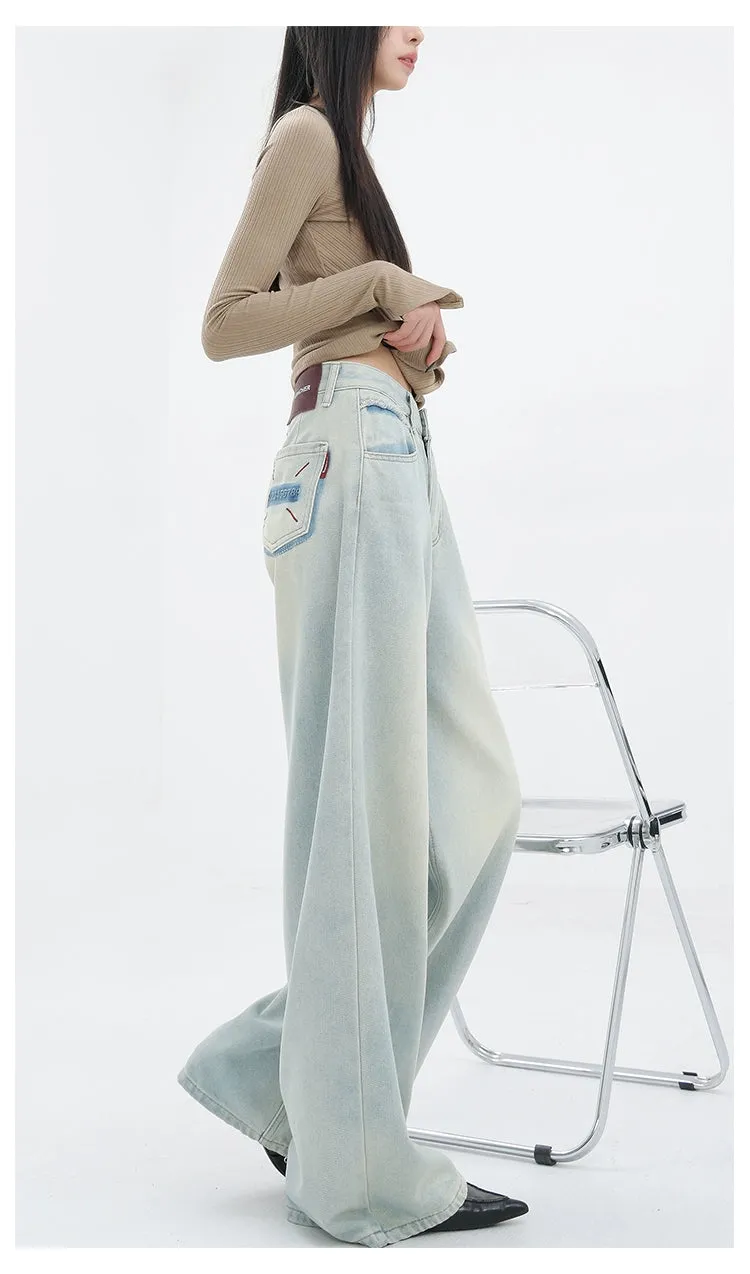 Light Blue Loose Straight Wide-Leg Denim Pants With Embroidery Design