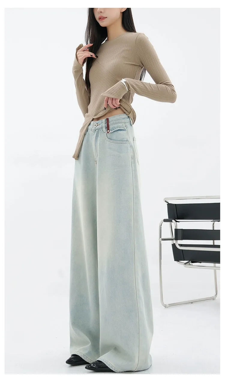 Light Blue Loose Straight Wide-Leg Denim Pants With Embroidery Design