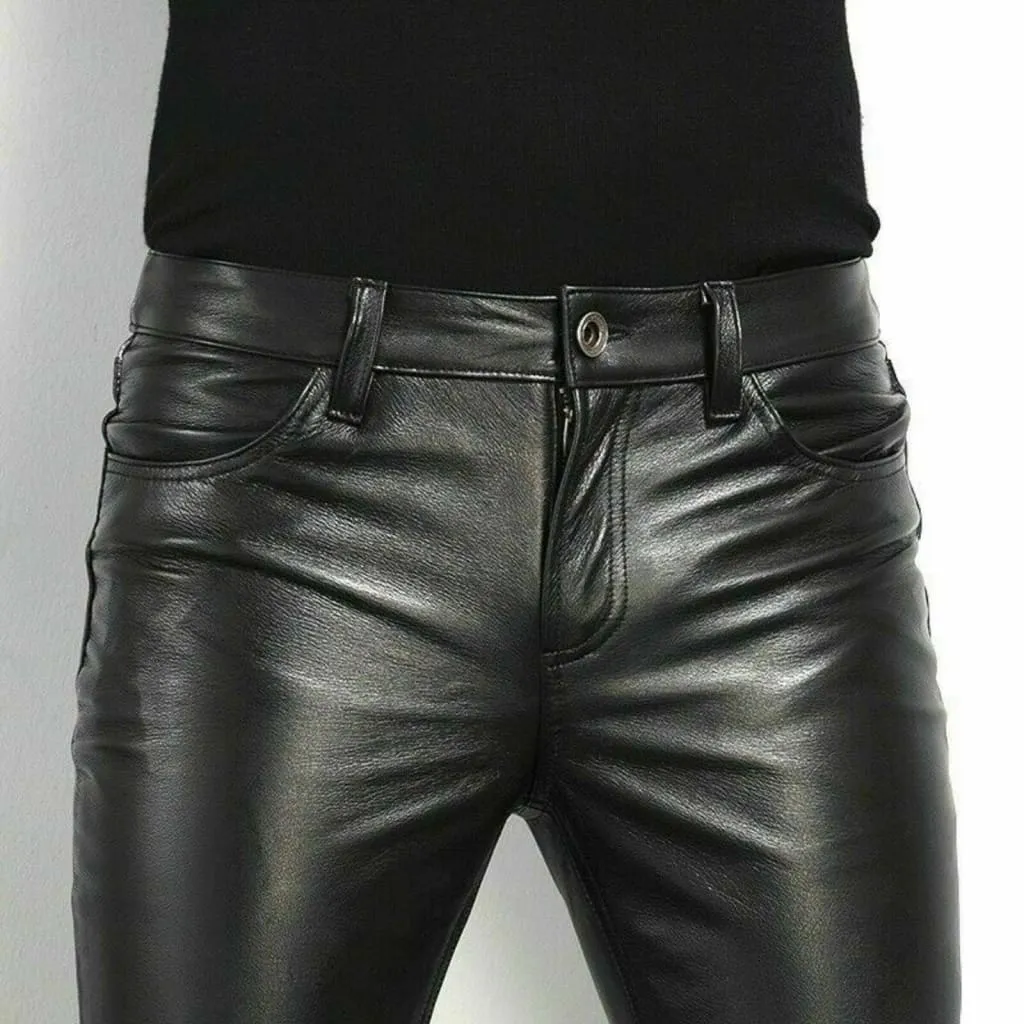 Men Side Slant Pocket PU Leather Slim Fit Pants