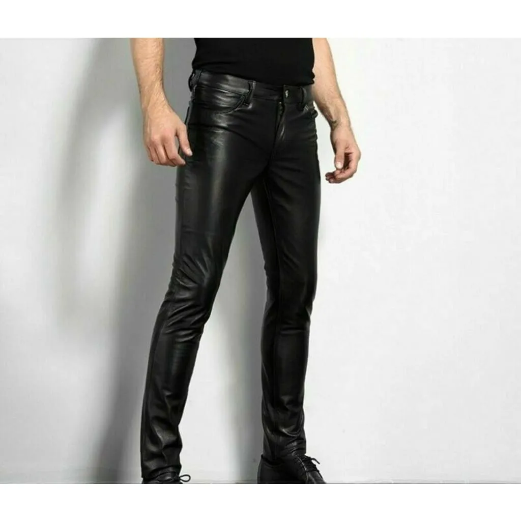 Men Side Slant Pocket PU Leather Slim Fit Pants