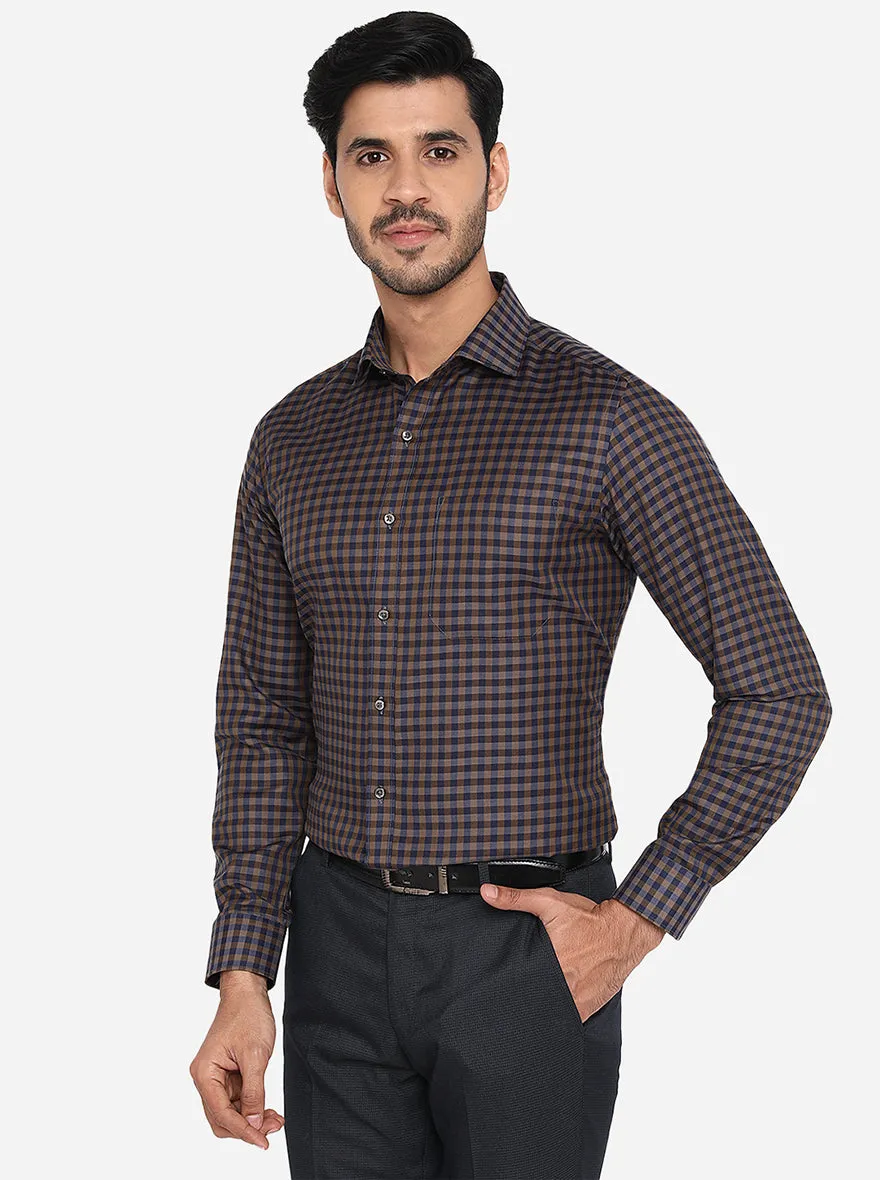 Navy Blue & Beige Checked Slim Fit Formal Shirt | Greenfibre