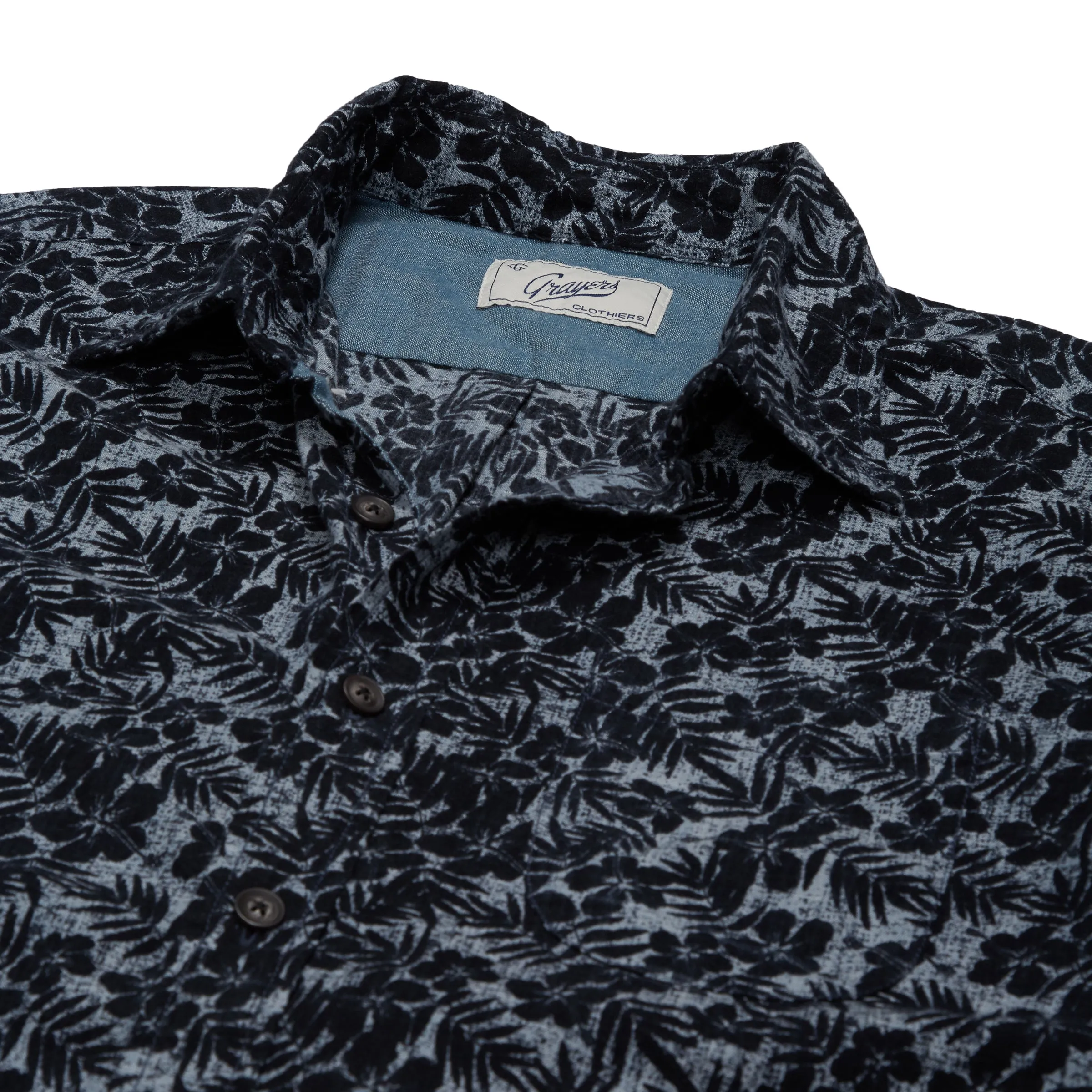 Navy Floral Printed Chambray Short Sleeve Shirt - Navy Floral