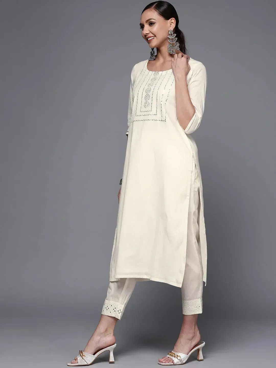 Off White Yoke Design Cotton Straight Kurta