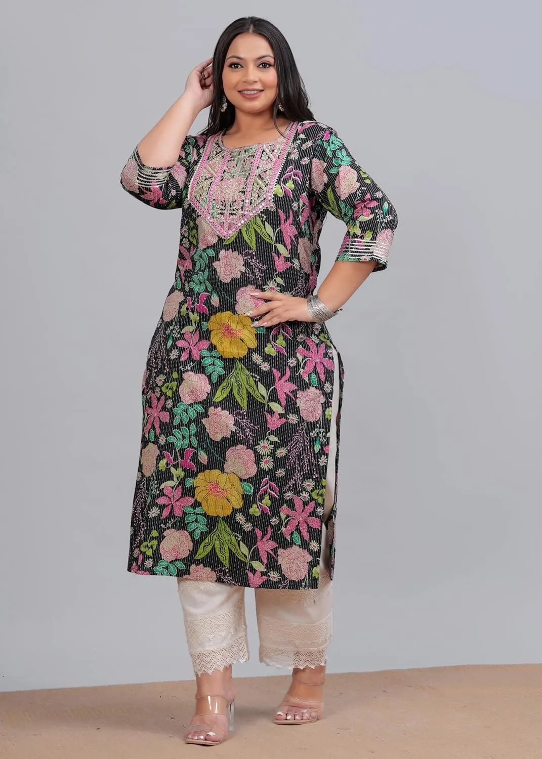 Plus Size Women's black Kantha Work Embroidered Pure Cotton Straight Kurta