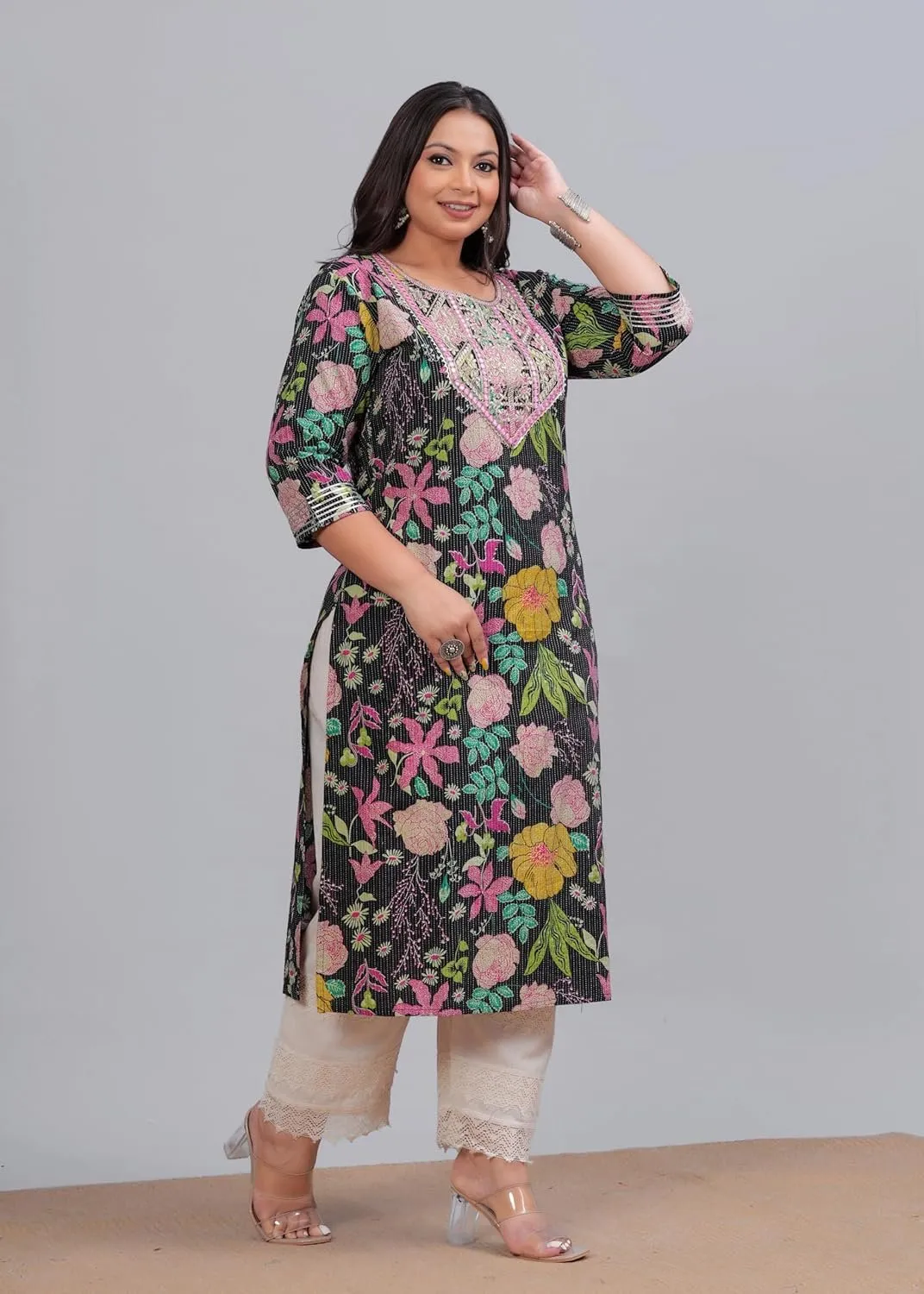 Plus Size Women's black Kantha Work Embroidered Pure Cotton Straight Kurta