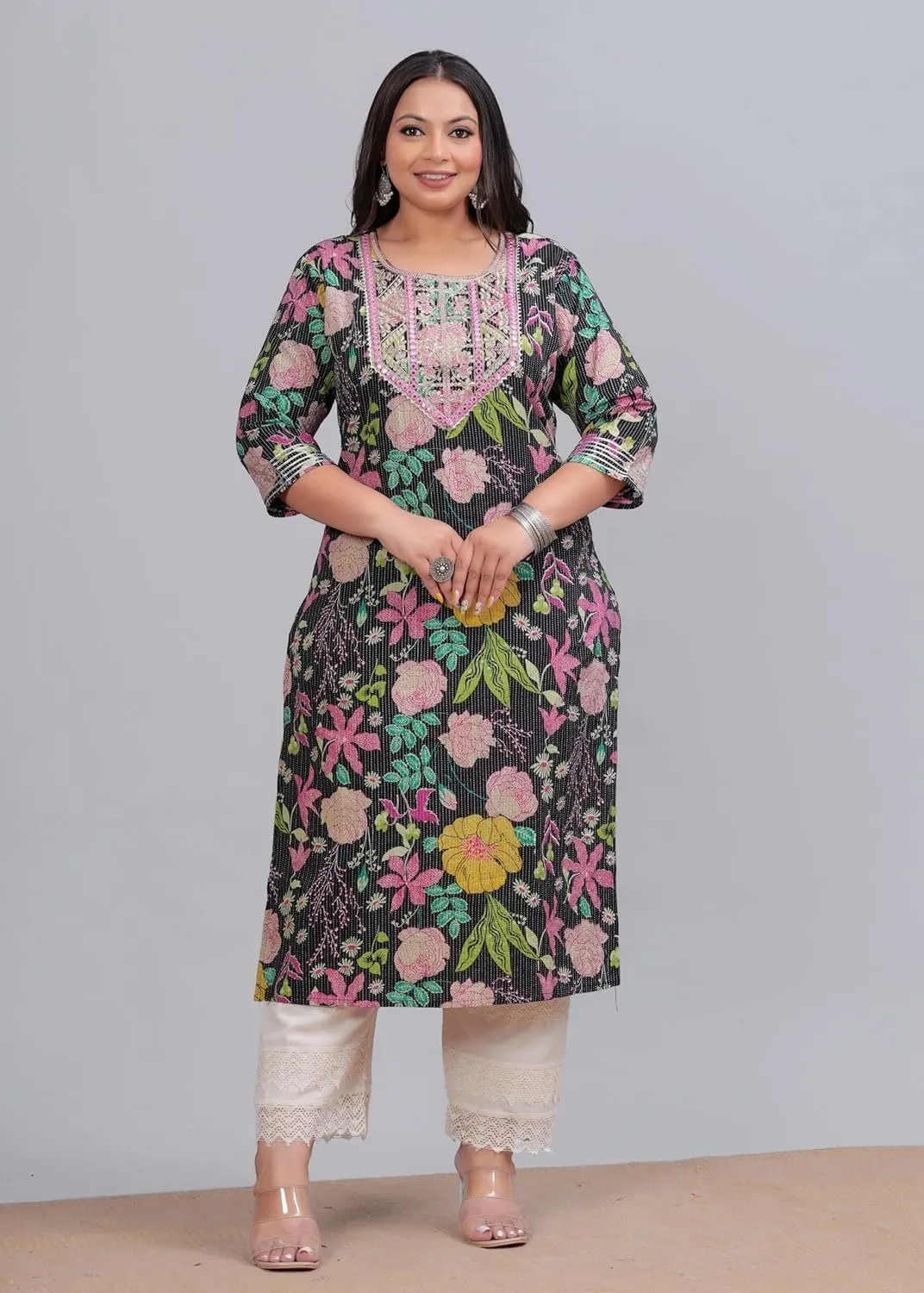 Plus Size Women's black Kantha Work Embroidered Pure Cotton Straight Kurta