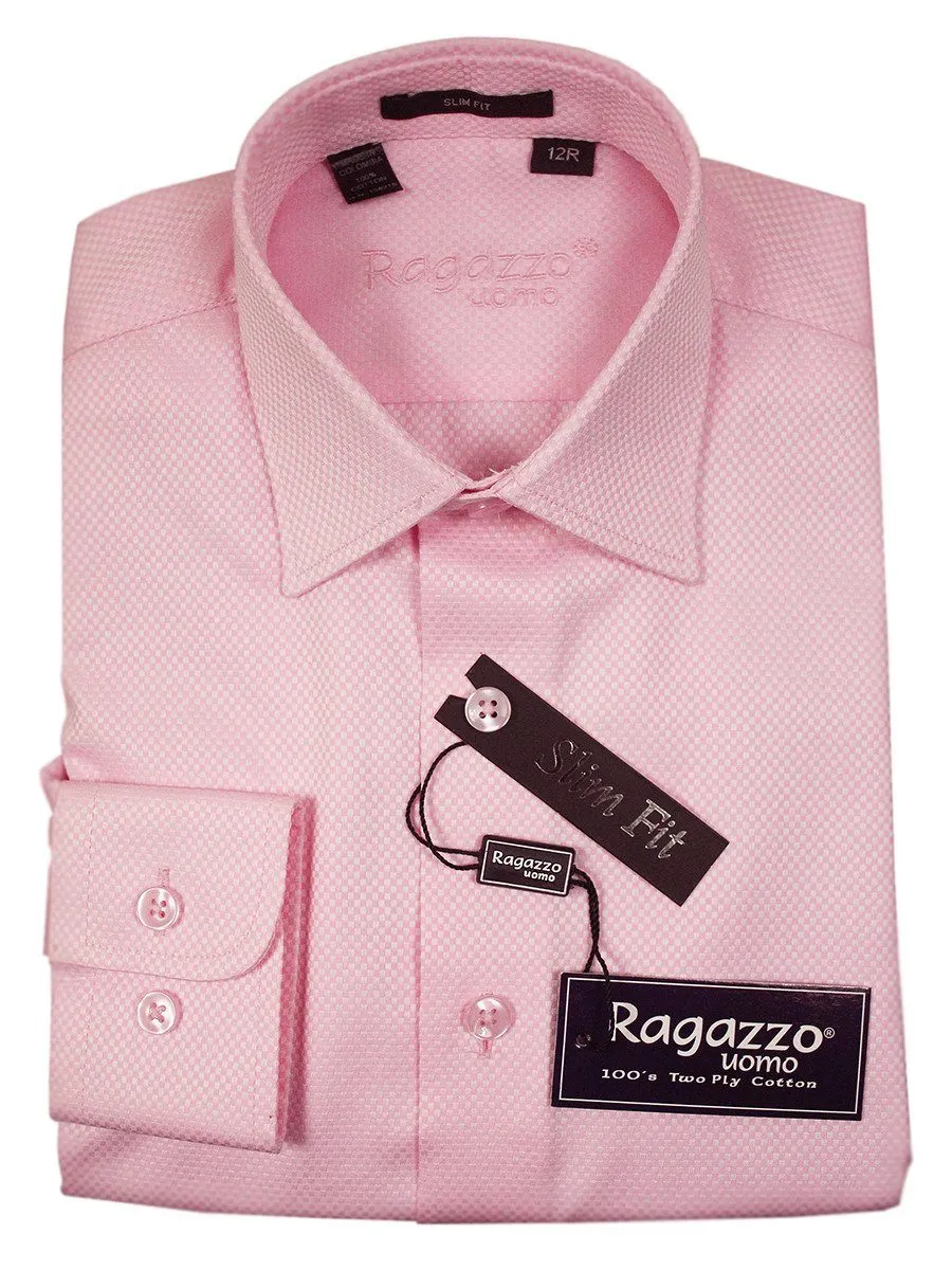 Ragazzo 21083 100% Cotton Boy's Dress Shirt - Box Weave - Pink, Skinny Slim Fit