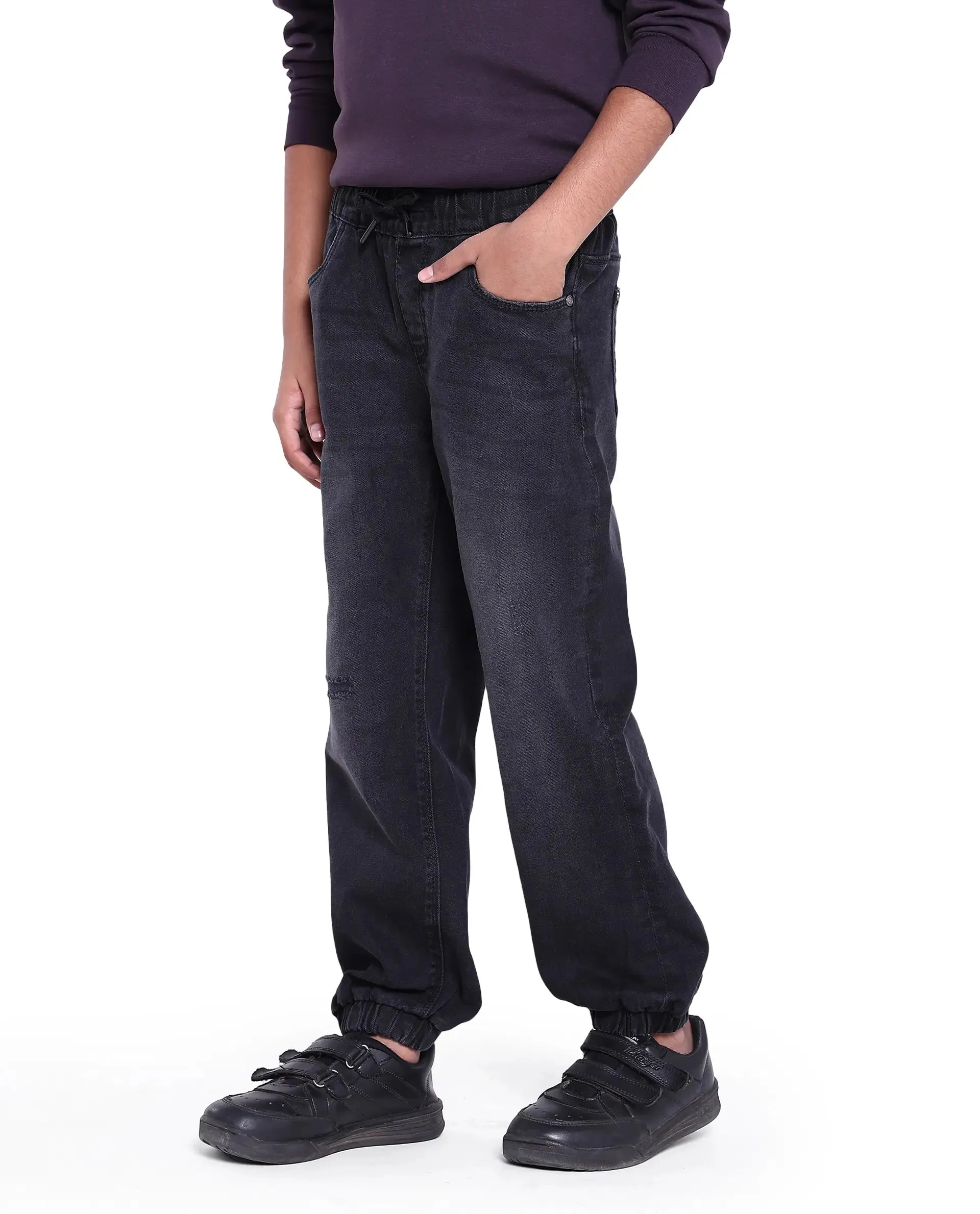 Rare Ones Kids Yugi Black Cotton Solid Slim Fit Denim Pant