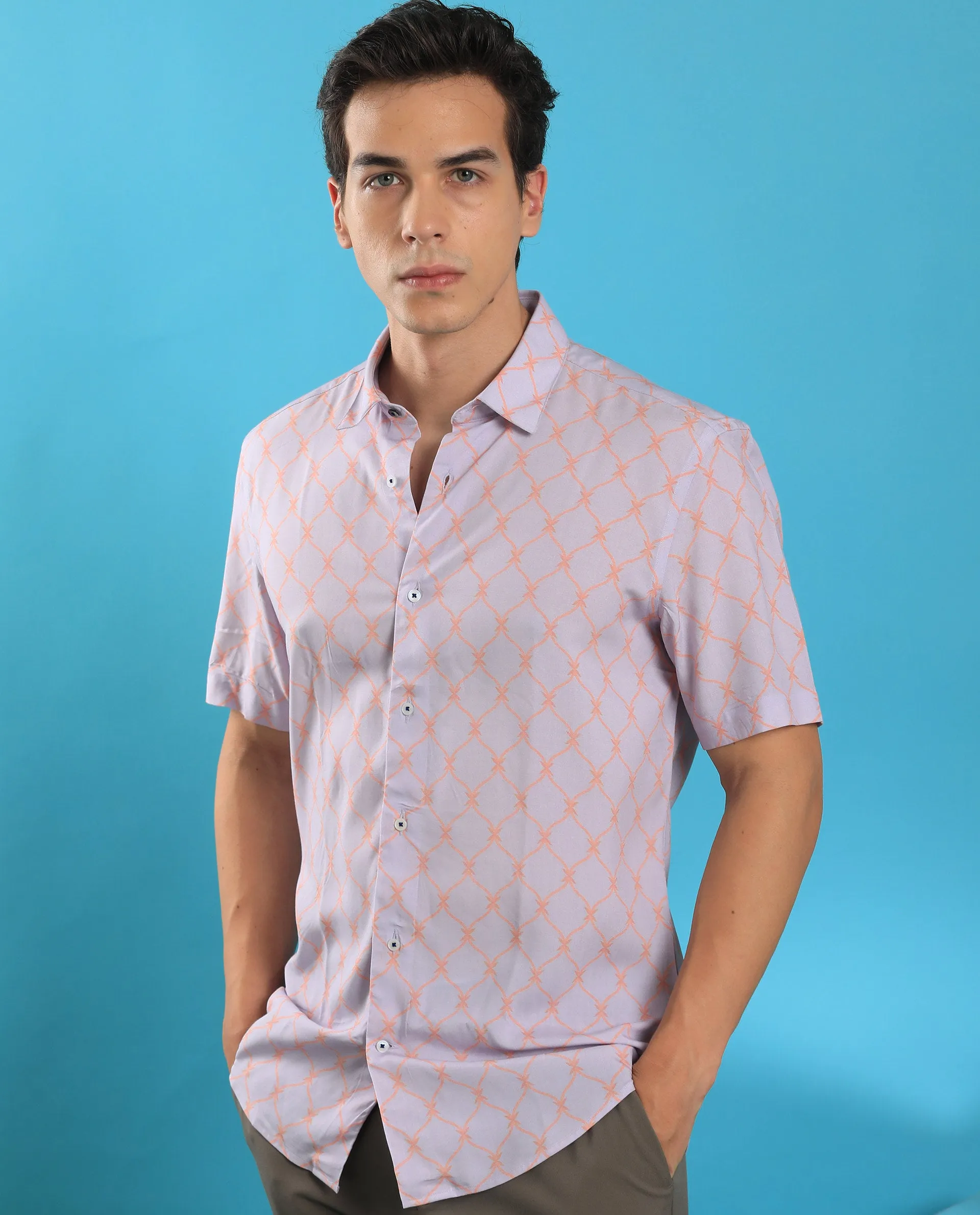 Rare Rabbit Men's Beldon Pastel Purple Geometric Print Half Sleeves Shirt