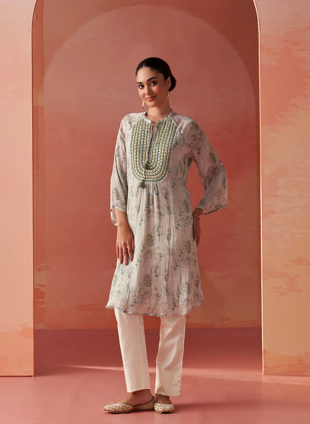 Sana Mint Green Printed Chiffon Embroidered Straight Kurti