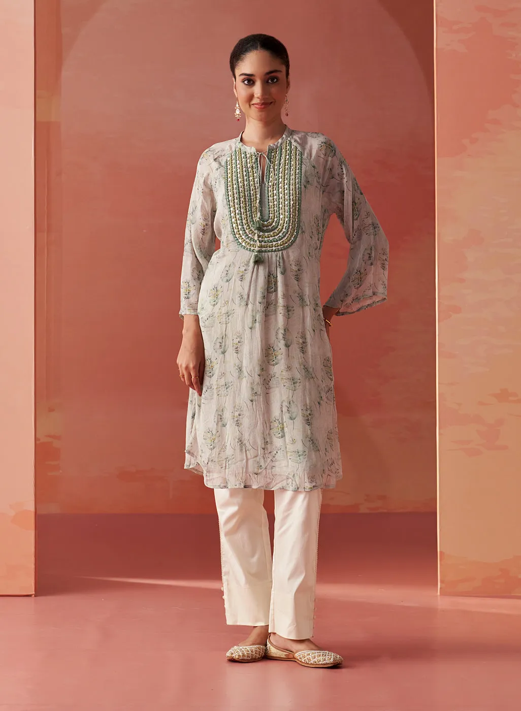 Sana Mint Green Printed Chiffon Embroidered Straight Kurti