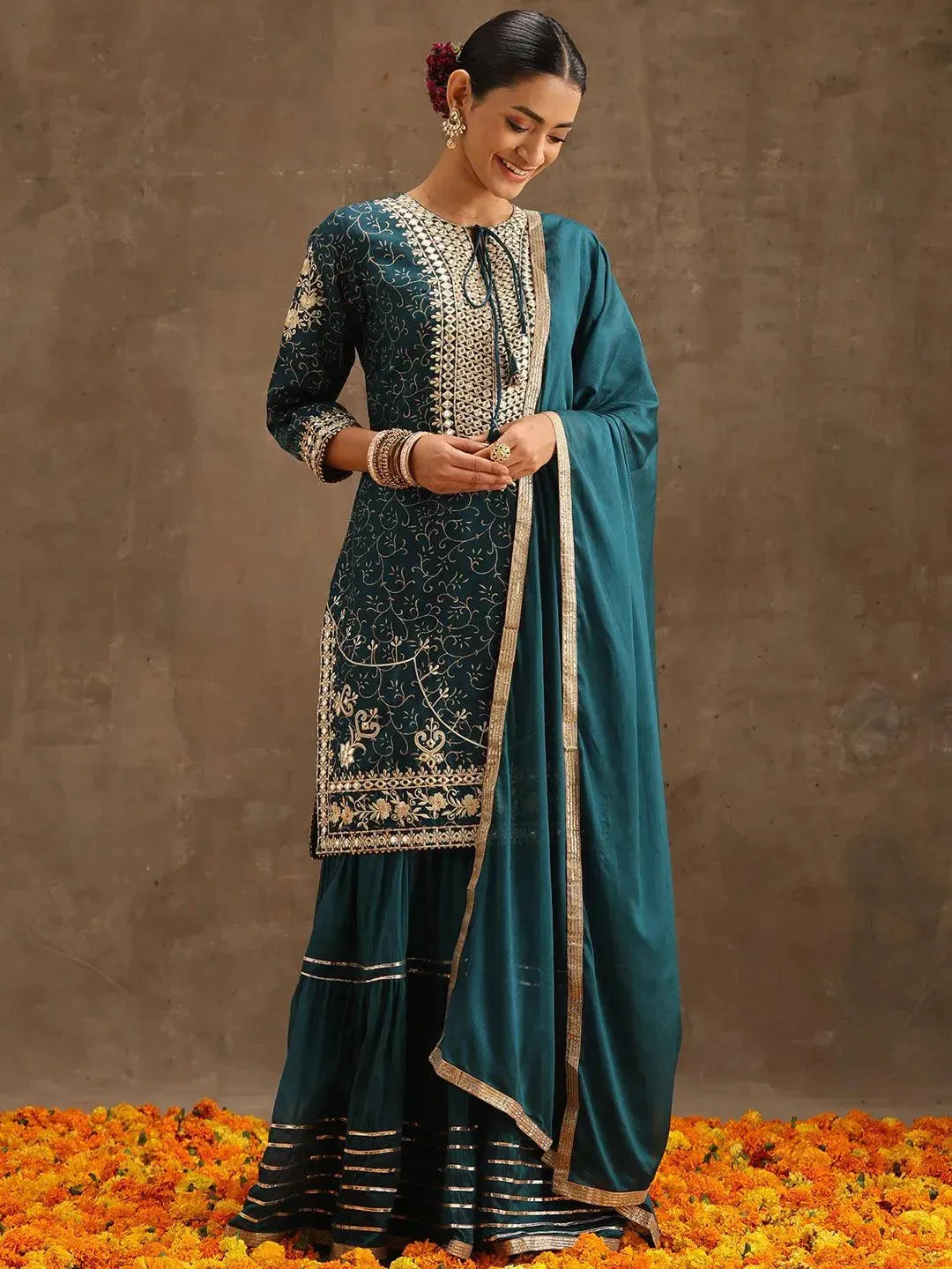 Teal Yoke Design Silk Blend Straight Sharara Suit Set With Dupatta