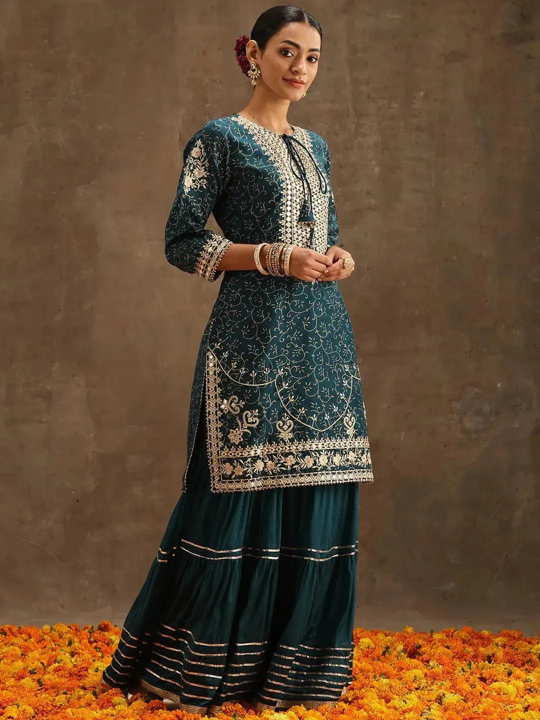 Teal Yoke Design Silk Blend Straight Sharara Suit Set With Dupatta