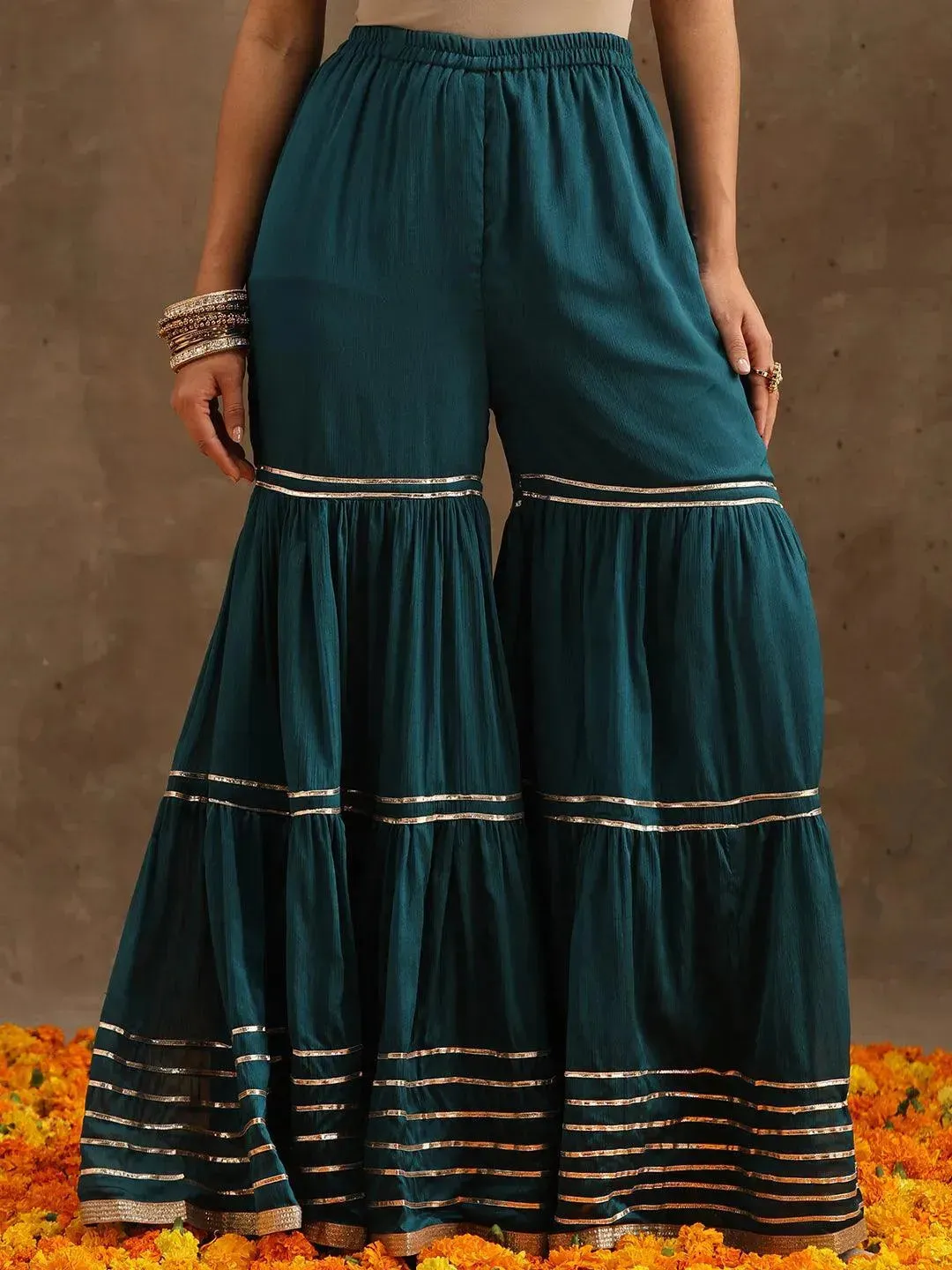 Teal Yoke Design Silk Blend Straight Sharara Suit Set With Dupatta