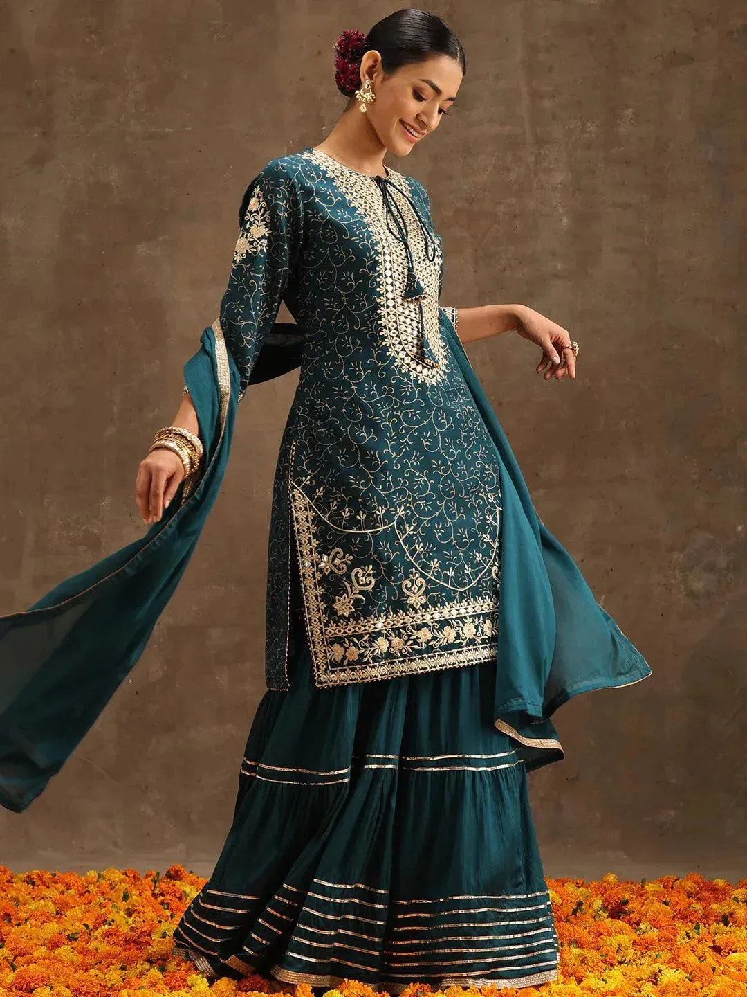 Teal Yoke Design Silk Blend Straight Sharara Suit Set With Dupatta